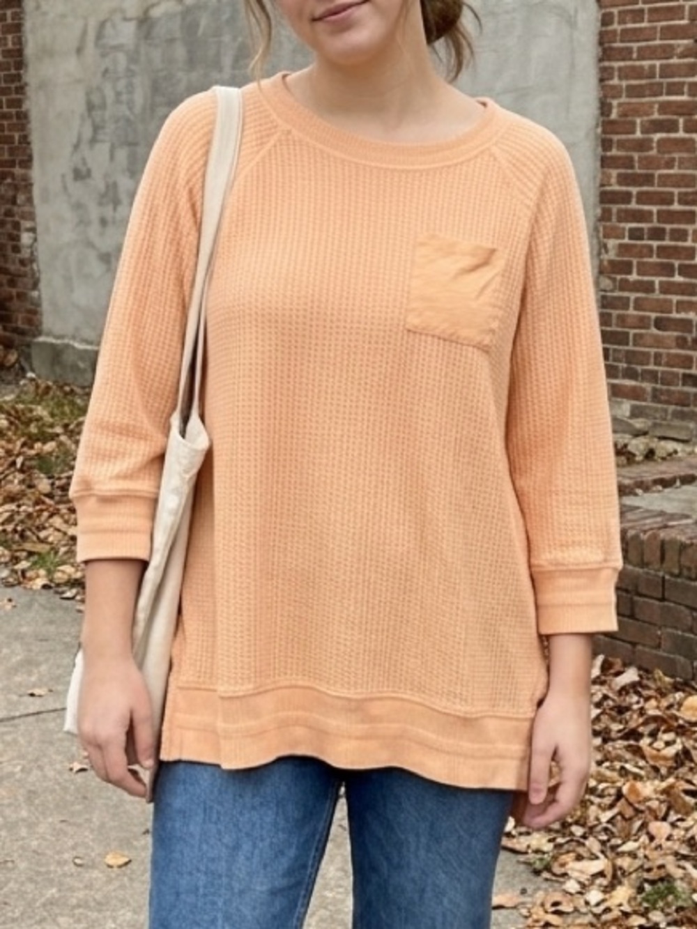 Soft Surroundings Waffle Knit Thermal Shirt Tunic XS Long Sleeve Sunset Peach